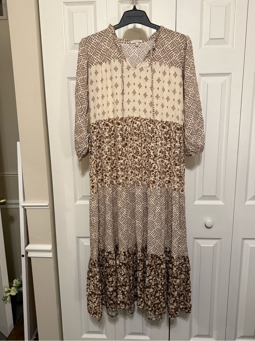 Boho Tiered Maxi Dress in Cream and Brown